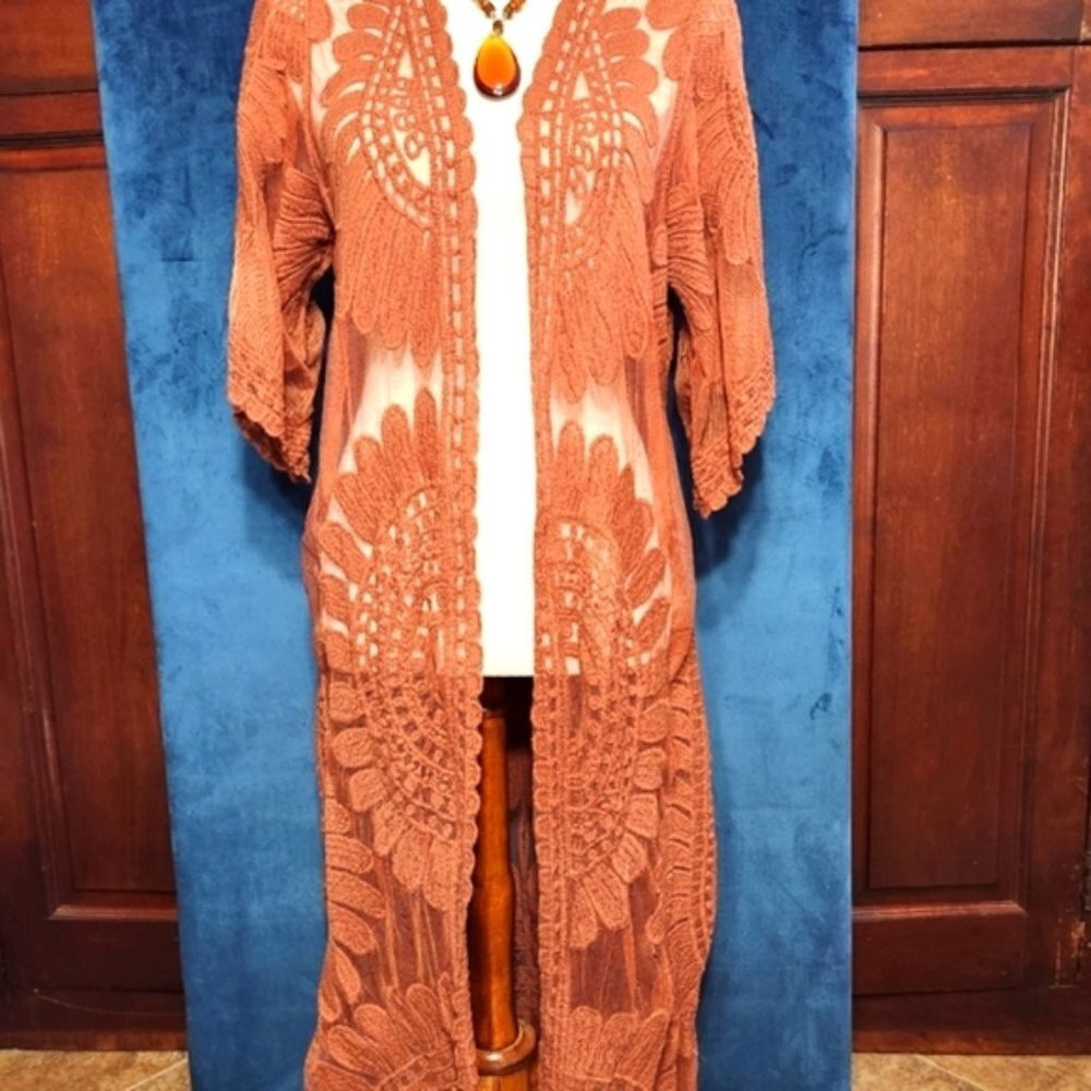 BOGO REBELLION AGAIN long boho lacy embroidered medallion copper rust duster Med